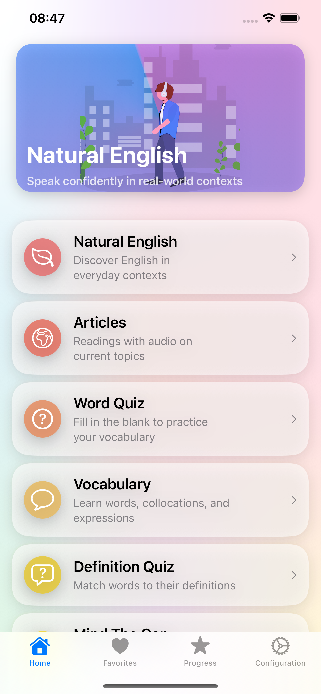Natural English Apps App Main Screen with Navigation Cards